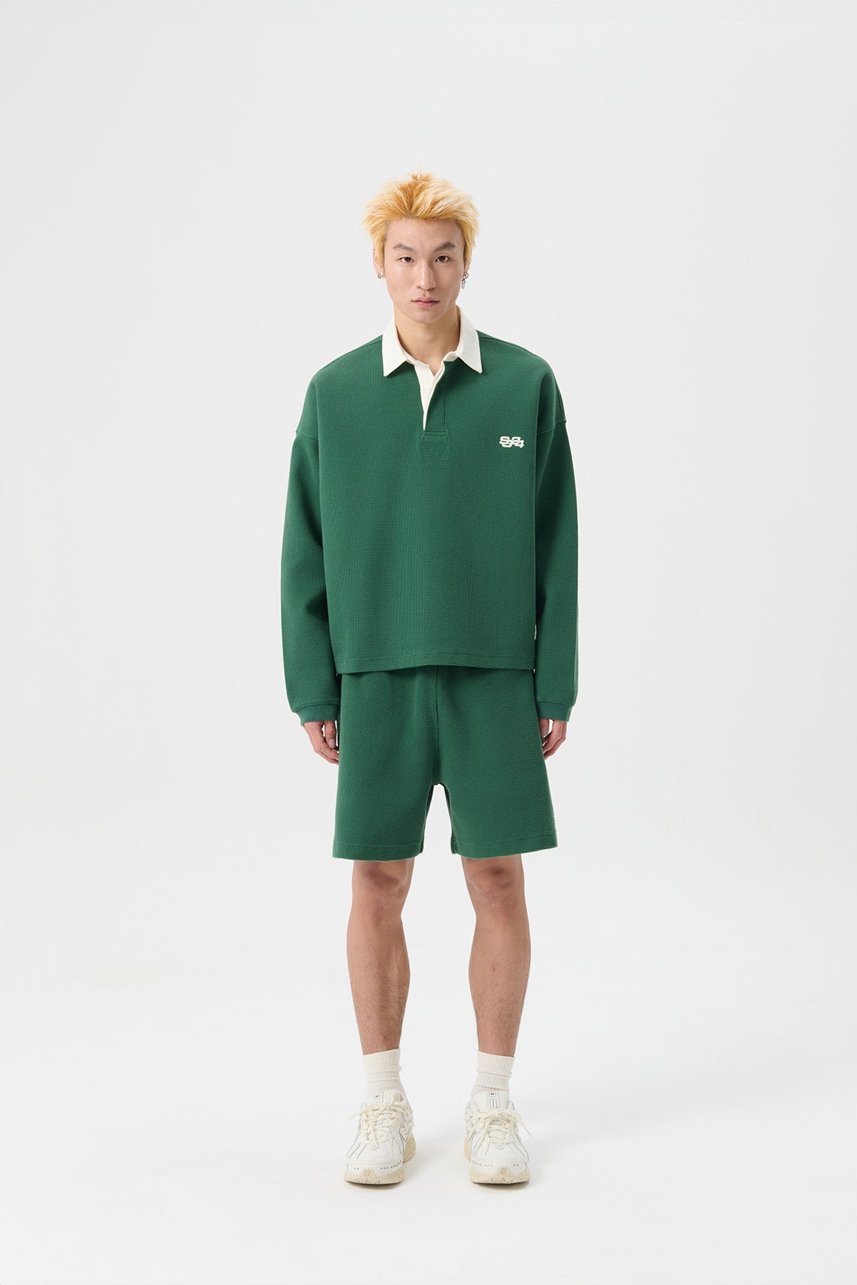 WAFFLE KNIT LS RUGBY POLO - HUNTER GREEN
