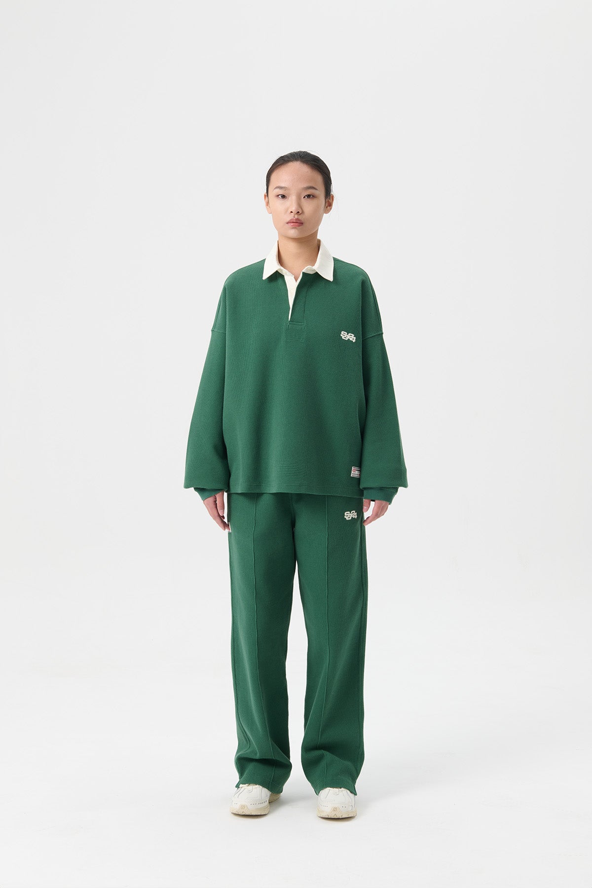 WAFFLE KNIT LS RUGBY POLO - HUNTER GREEN