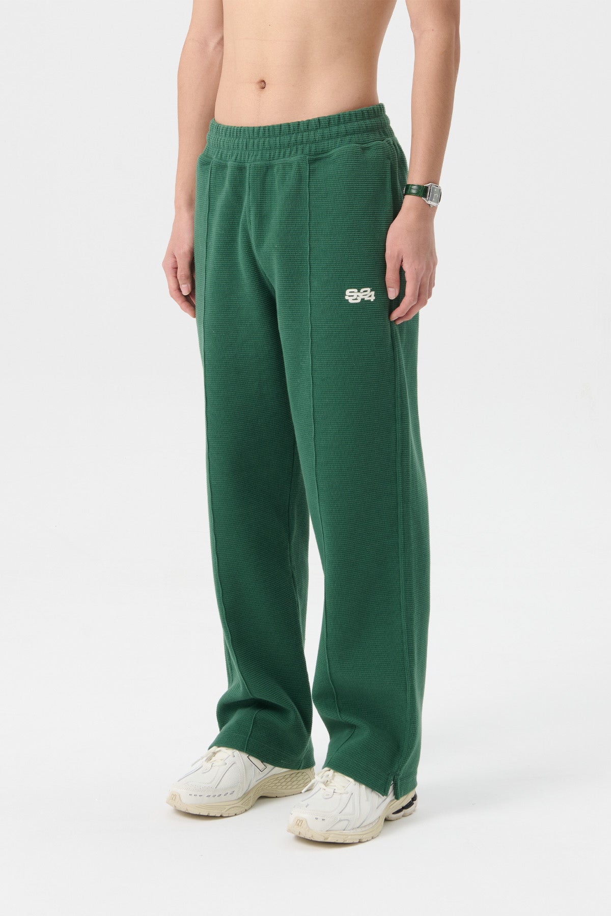 WAFFLE KNIT STRAIGHT LEG SWEATPANTS - HUNTER GREEN